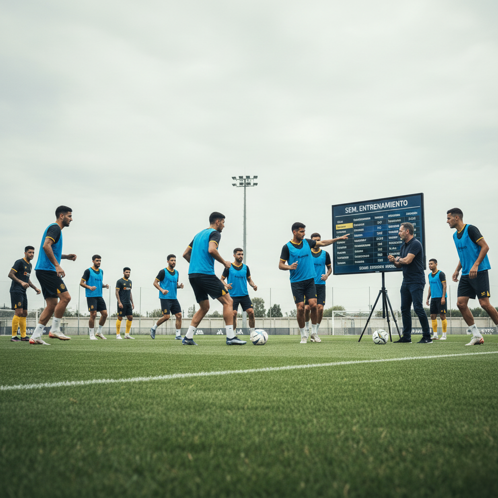 Una toma de cerca de un campo de entrenamiento con jugadores corriendo y conos, simbolizando una práctica intensa.